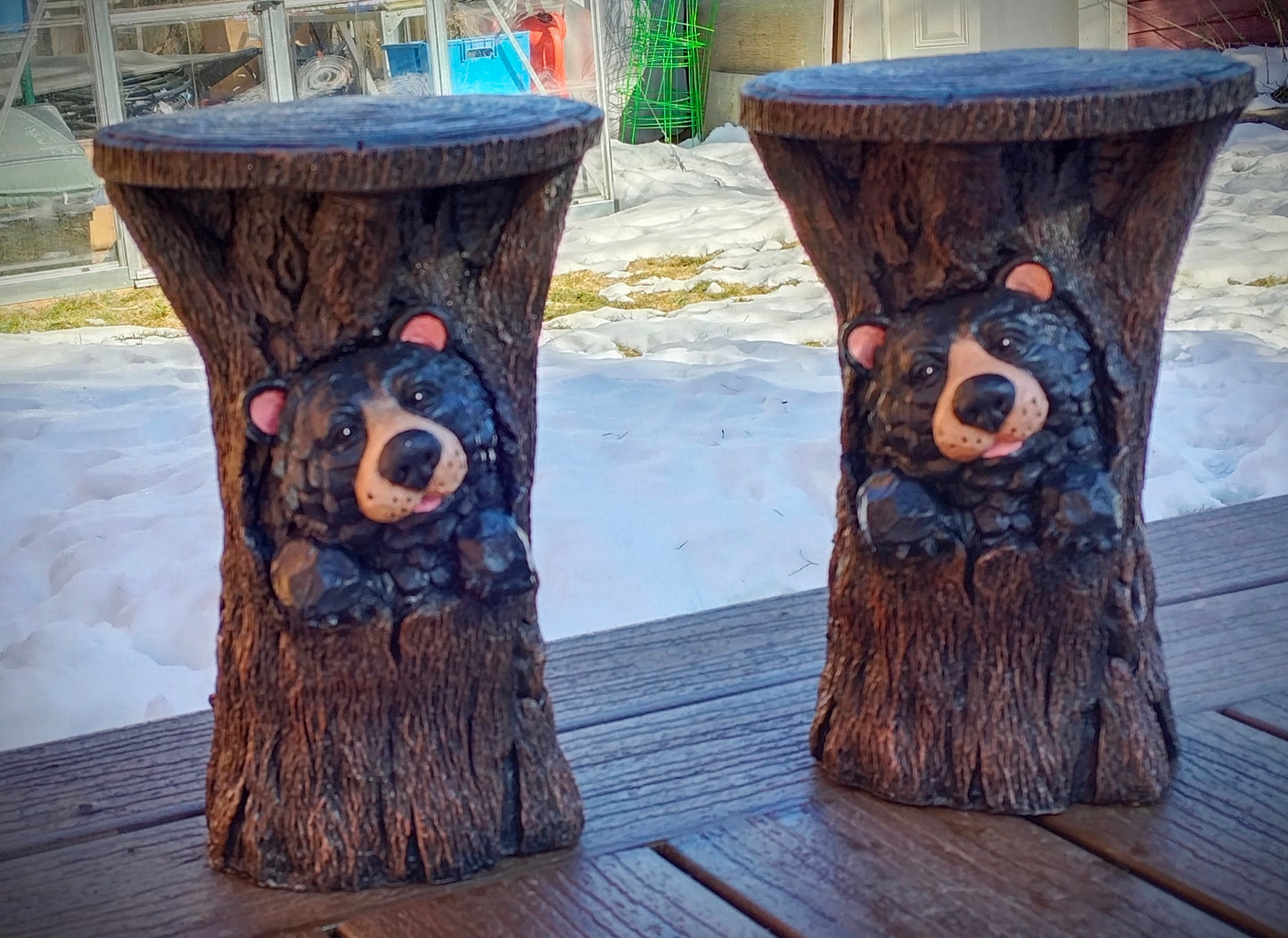 Bear In Trunk Statue, Bear Plant Stand, Black Bear Side Table, Black Bear Statue, Indoor/Outdoor Statue