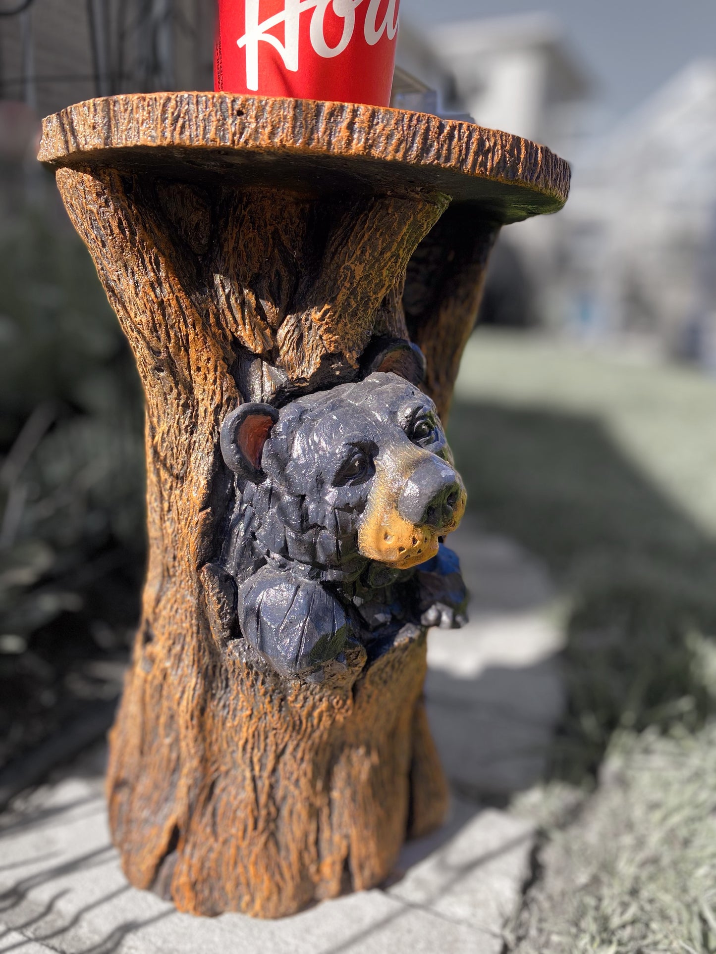 Bear In Trunk Statue, Bear Plant Stand, Black Bear Side Table, Black Bear Statue, Indoor/Outdoor Statue