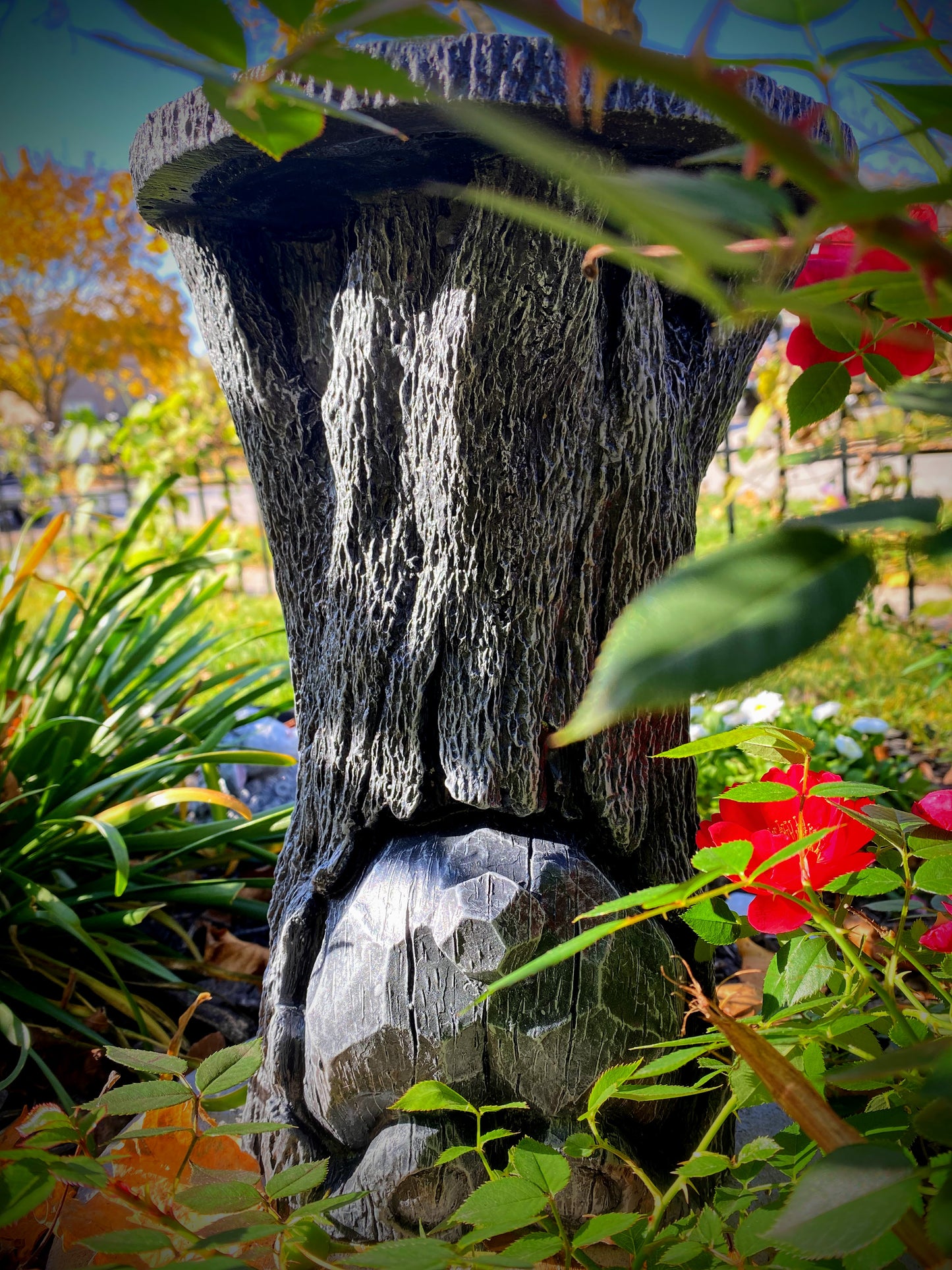 Bear In Trunk Statue, Bear Plant Stand, Black Bear Side Table, Black Bear Statue, Indoor/Outdoor Statue