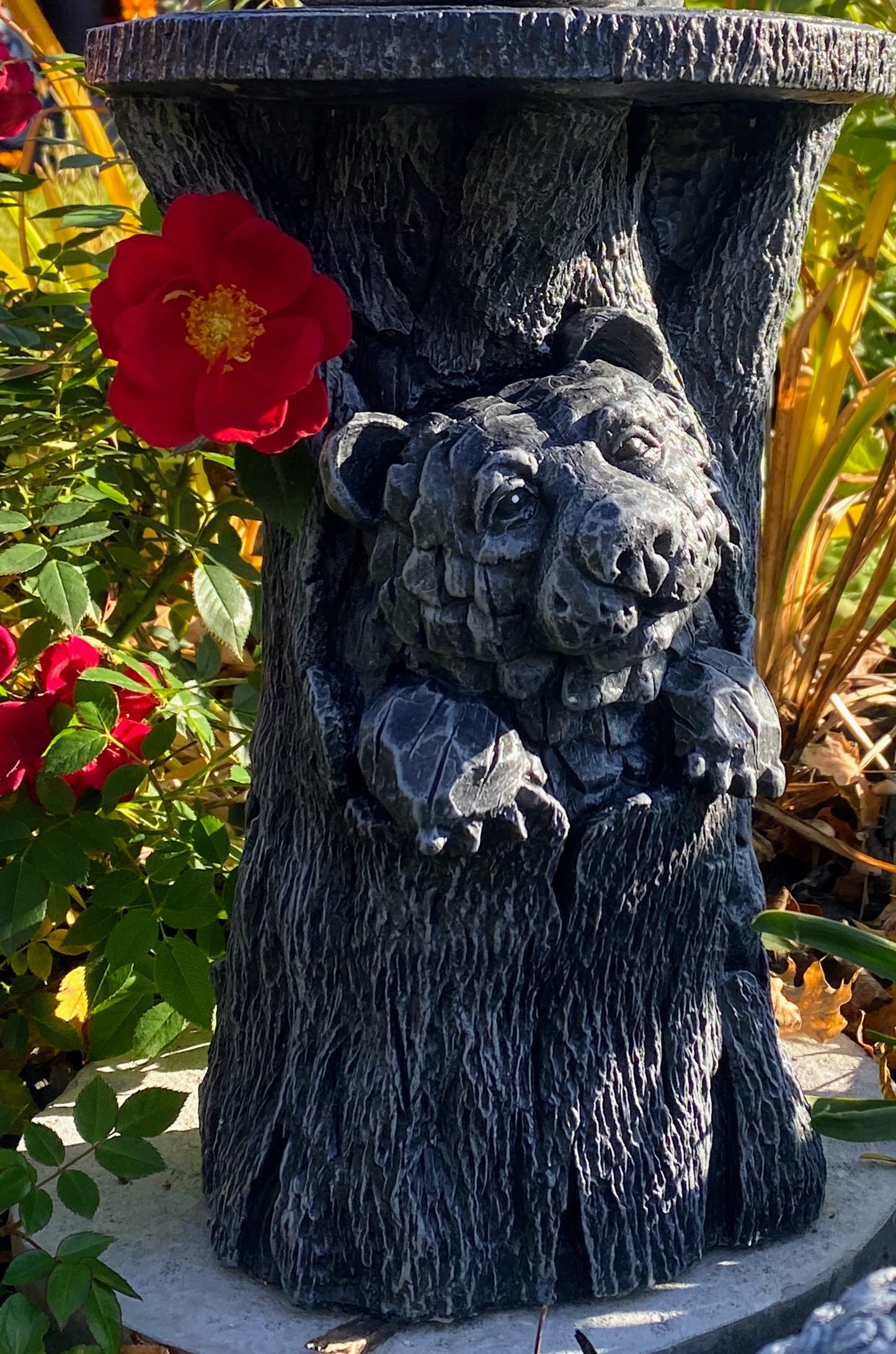 Bear In Trunk Statue, Bear Plant Stand, Black Bear Side Table, Black Bear Statue, Indoor/Outdoor Statue