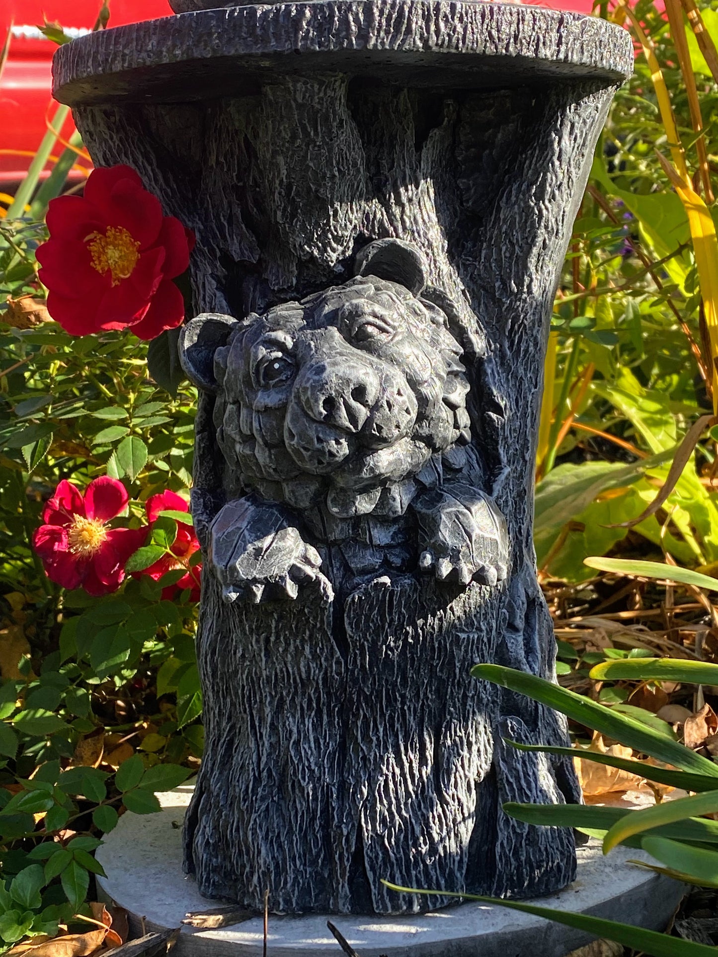 Bear In Trunk Statue, Bear Plant Stand, Black Bear Side Table, Black Bear Statue, Indoor/Outdoor Statue
