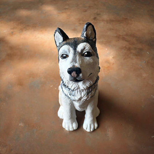 Pet Portrait Dog Husky Malemute Custom Statue pet memorial of husky named Ares. The husky statue is white, brown and grey.