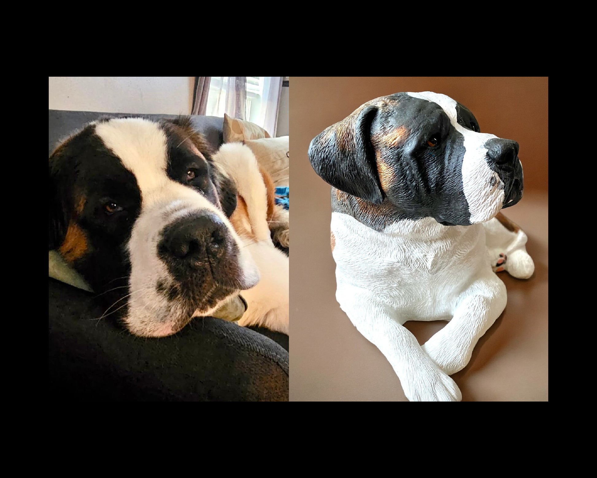 Saint Bernard named Charile shown next to a custom pet portrait statue of Charlie