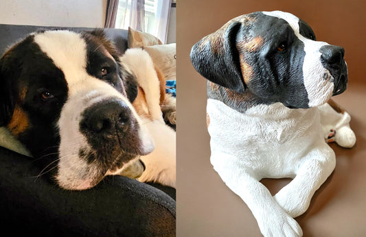 Saint Bernard dog named Charlie next to custom dog statue of same dog