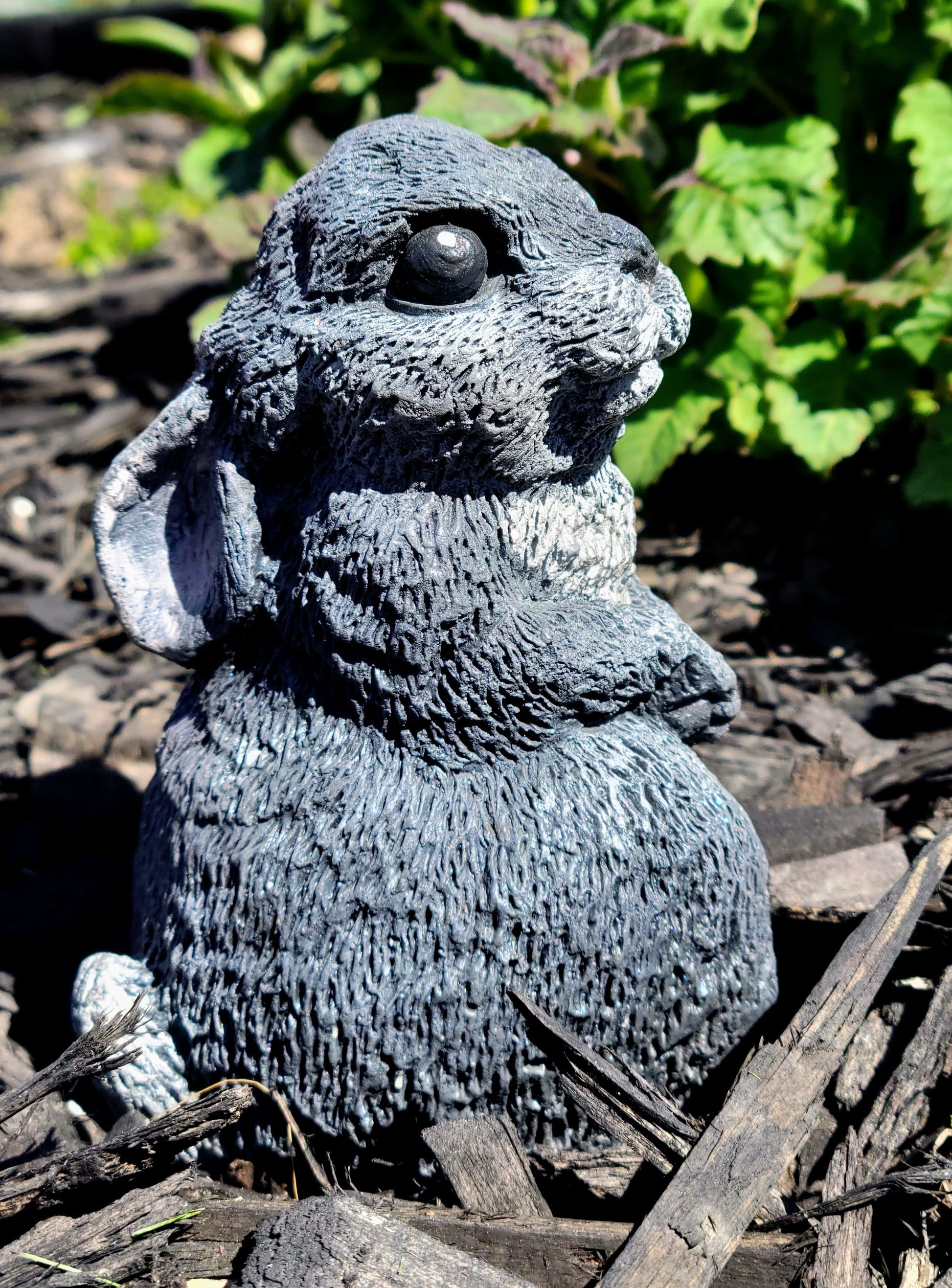 DarkGreywithwhitetummyConcrete Garden Bunny Rabbit Statue Side View